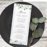 Eukalyptus Grüne weiße Blütenhochzeit Menükarte<br><div class="desc">Moderne,  schicke Aquarellfarben,  weiße Eukalyptusgrün und goldener Rahmen auf staubblauem Hintergrund,  mit trendiger Menüschrift,  eleganten und stilvollen,  großartigen Hochzeitsmenüs für rustikale Hochzeiten,  botanische Hochzeiten und Hochzeiten am Strand im Frühling und Sommer. Alle passenden Teile in der Sammlung anzeigen</div>
