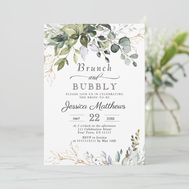 Eukalyptus Grüner Brunch & Bubble Einladung (Stehend Vorderseite)