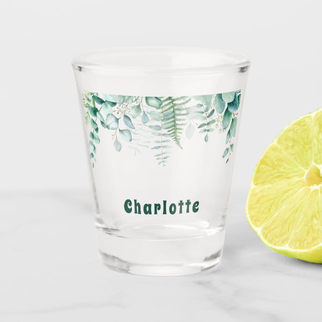 Eukalyptus grünes Blattwerk, grüne Bezeichnung Schnapsglas (Vorderseite)