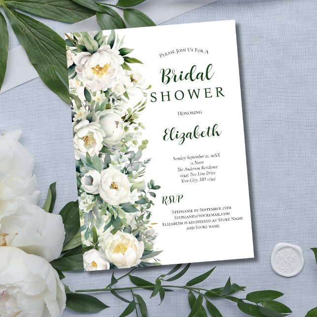 Eukalyptus-Grünes Brautparty Einladung (White Peony Floral Eucalyptus Greenery Bridal Shower Invitation)