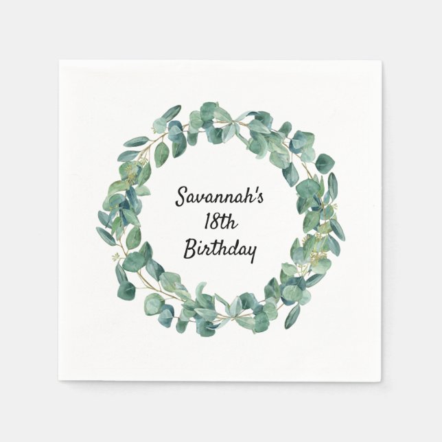 Eukalyptus-Grünschrift Geburtstag Serviette (Vorderseite)