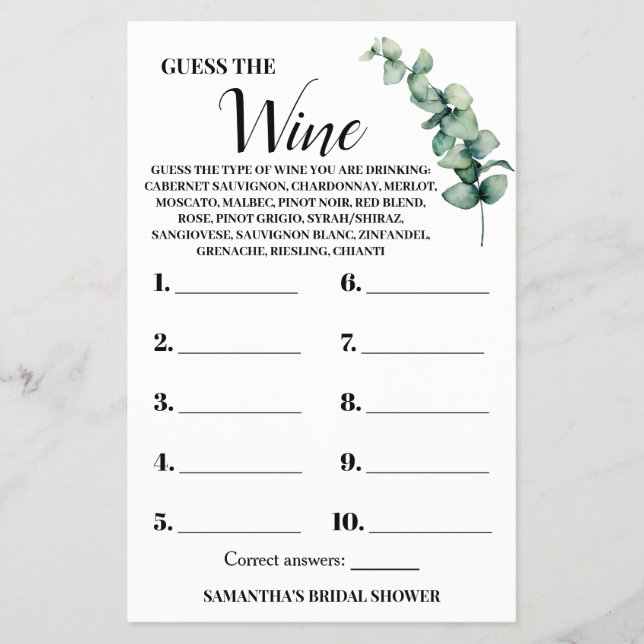 Eukalyptus Guess the Wine Couples Showspielkarte Flyer (Vorne)