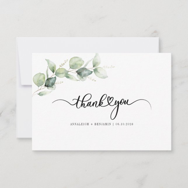 Eukalyptus Hand Lettered Greenery Wedding Dankeskarte (Vorderseite)