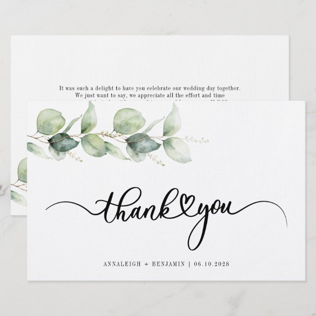 Eukalyptus Hand Lettered Wedding Danke Briefpapier (Vorne/Hinten)