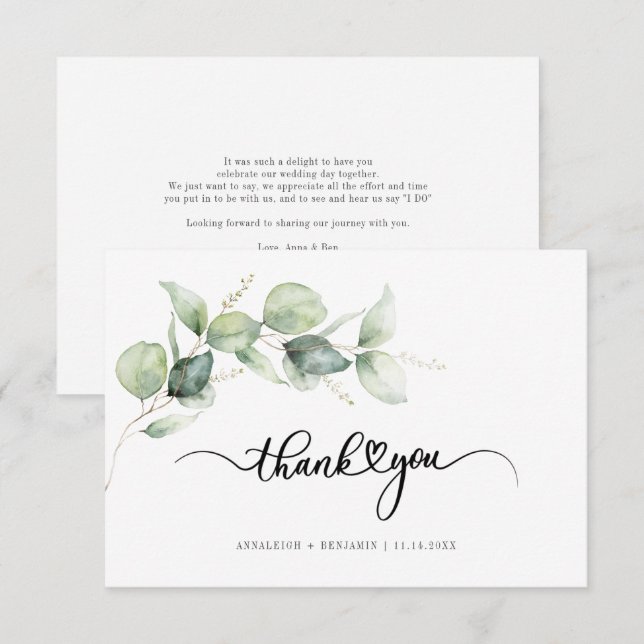 Eukalyptus Hand Lettered Wedding Dankeschön Card Mitteilungskarte (Vorne/Hinten)