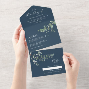 Eukalyptus-Hochzeit botanisch blau einladen + RSVP All In One Einladung