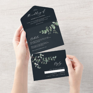 Eukalyptus-Hochzeit botanisch schwarze Einladung +