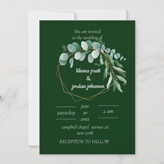 Eukalyptus-Hochzeit in edlem Gold und Smaragdgrün Einladung (Vorderseite)