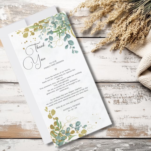 Eukalyptus-Hochzeit in Grün und Gold Dankeskarte (Von Creator hochgeladen)