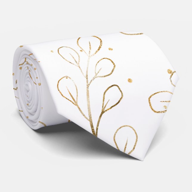 Eukalyptus-Hochzeit in reiner Weiß und Gold-Kontur Krawatte (Gerollt)