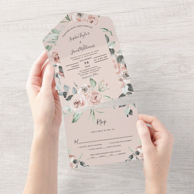 Eukalyptus-Hochzeit in Rosa mit UAWG All In One Einladung (Abreißen)