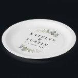 Eukalyptus-Hochzeit  Pappteller<br><div class="desc">Ein grünes Design mit einer navy blauen Hintergrundfarbe mit Aquarell eucalyptus foliage. Die Textdetails und Farben können bearbeitet werden.</div>