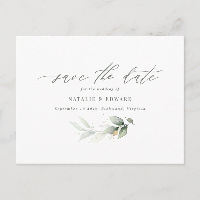 Eukalyptus-Hochzeit Save the Date Ankündigungspostkarte (Vorderseite)