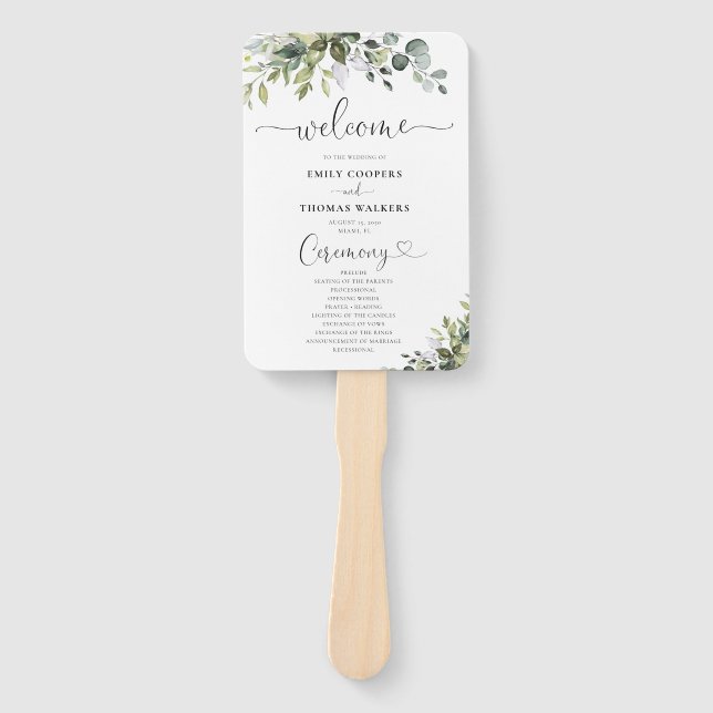 Eukalyptus-Hochzeitsprogramm-Handfächer Fächer (Vorderseite)