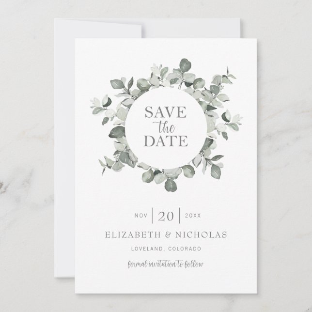 Eukalyptus-Hochzeitssache für Wasserfarben speiche Save The Date (Vorderseite)