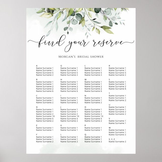 Eukalyptus-Hochzeitssitzplan Poster (Vorne)