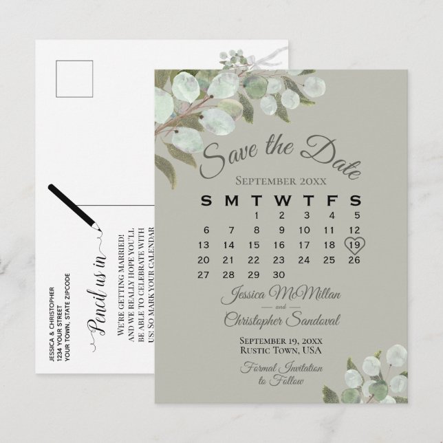 Eukalyptus-Kalender-Hochzeit Sichern Sie das Datum Ankündigungspostkarte (Vorne/Hinten)
