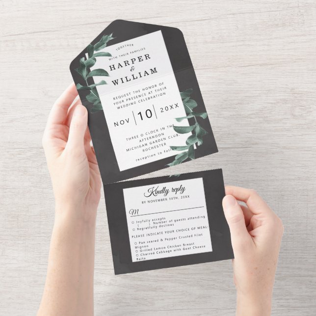 Eukalyptus-Karkohle-Hochzeit All In One Einladung (Abreißen)
