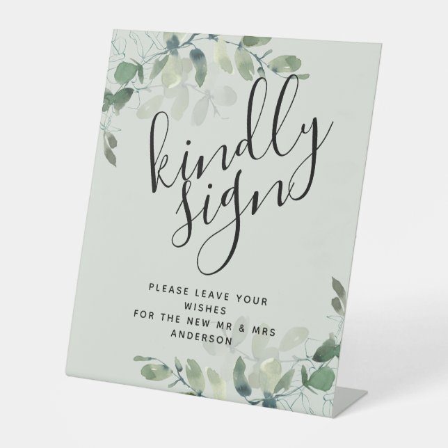 Eukalyptus Kindly Sign Wedding Guest Book Sign Sockelschild (Vorderseite)