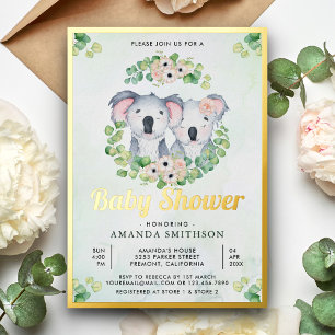 Eukalyptus Koala-Bär-Zwillinge Baby-Party Gold Folieneinladung