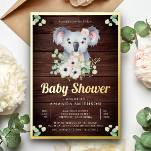 Eukalyptus Koala Girl Wood Baby Dusche Gold Folieneinladung
