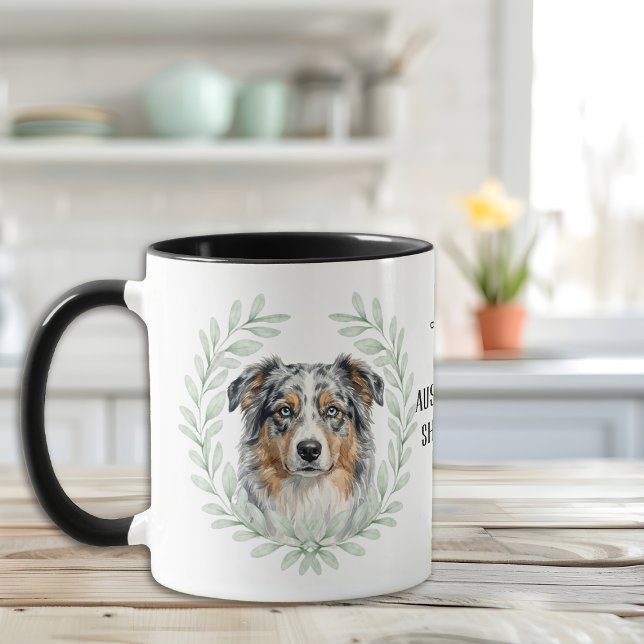 Eukalyptus-Kranz Blue Merle Aussie Monogramm Tasse (Von Creator hochgeladen)
