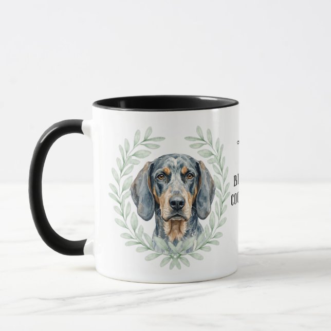 Eukalyptus-Kranz-Bluetick-Coonhound-Monogramm Tasse (Links)