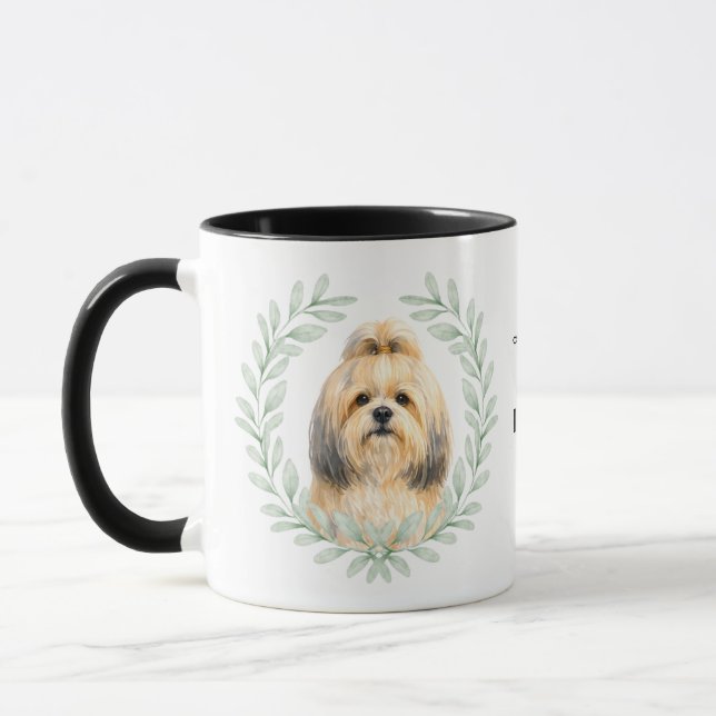 Eukalyptus-Kranz Lhasa Apso Monogramm Tasse (Links)