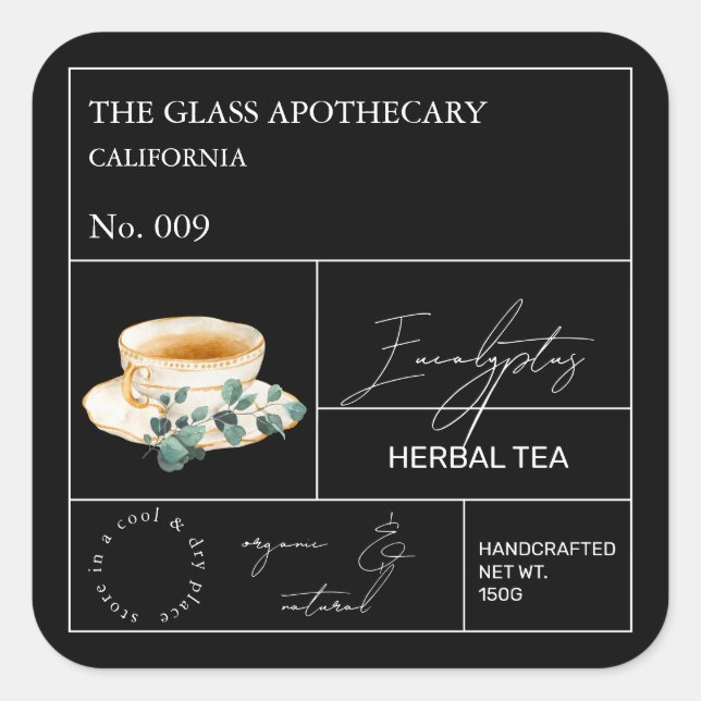 Eukalyptus-Kräutertee-Etikett Quadratischer Aufkleber (Vorderseite)