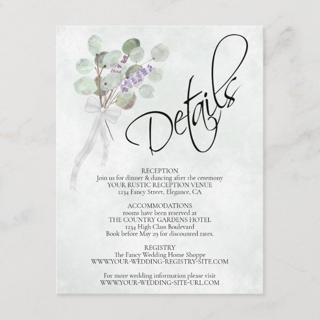 Eukalyptus & Lavender Bouquet Wedding Details Begleitkarte (Vorderseite)