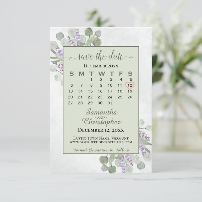 Eukalyptus lavender Calendar Grüne Hochzeit Save The Date (Stehend Vorderseite)