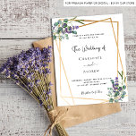 Eukalyptus lavender geo Budget Einladung zur Hochz Flyer<br><div class="desc">Bitte beachten Sie, dass diese Einladung auf Flyer Papier und sehr dünn ist. Umschläge sind nicht enthalten. Für dickere Einladungen (gleiche Gestaltung) besuchen Sie bitte unseren Shop. Ein stilvoller weißer Hintergrund auf der Vorderseite. Mit Eukalyptus und Lavendel-Blumen dekoriert. Ein Imitat goldener geometrischer Rahmen. Personalisieren Sie Ihre Namen und Details und...</div>