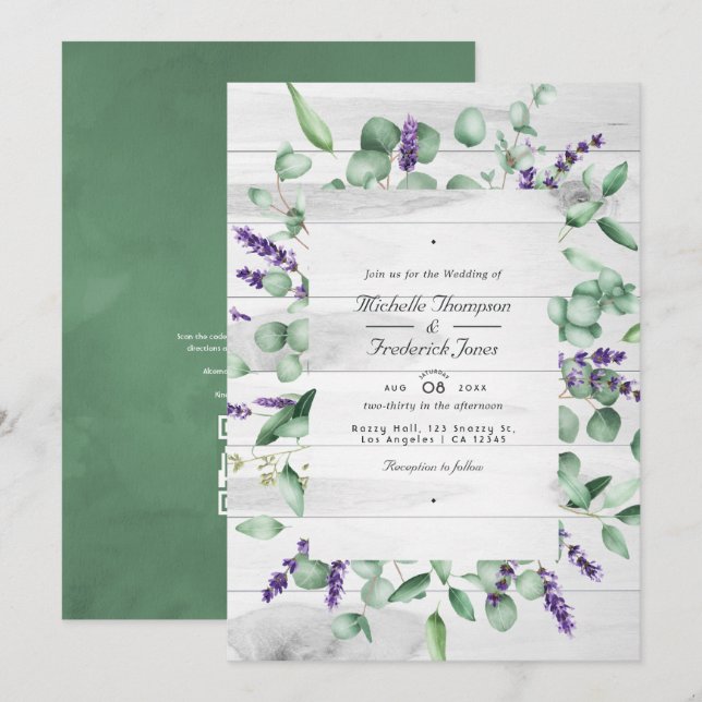 Eukalyptus Lavender Greenery QR Code UAWG Wedding Einladung (Vorne/Hinten)
