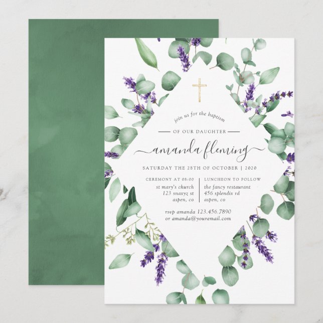 Eukalyptus Lavender Greenery Taufe/Christening Einladung (Vorne/Hinten)