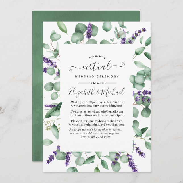 Eukalyptus Lavender Greenery Virtual Wedding Einladung (Vorne/Hinten)