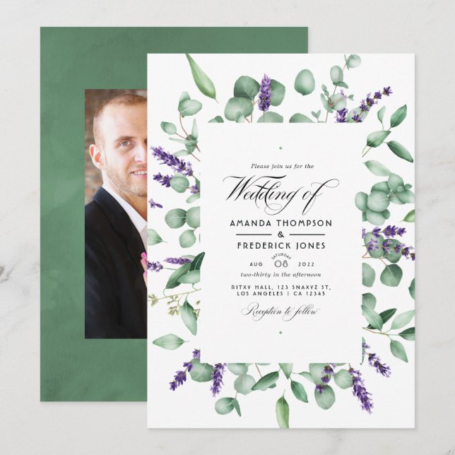 Eukalyptus Lavender Greenery Wedding Einladung (Vorne/Hinten)