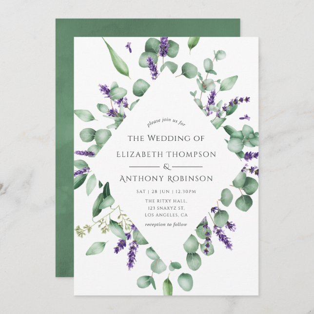 Eukalyptus Lavender Greenery Wedding Einladung (Vorne/Hinten)