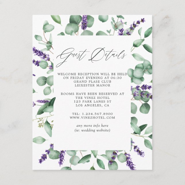 Eukalyptus Lavender Greenery Wedding Guest Details Begleitkarte (Vorderseite)