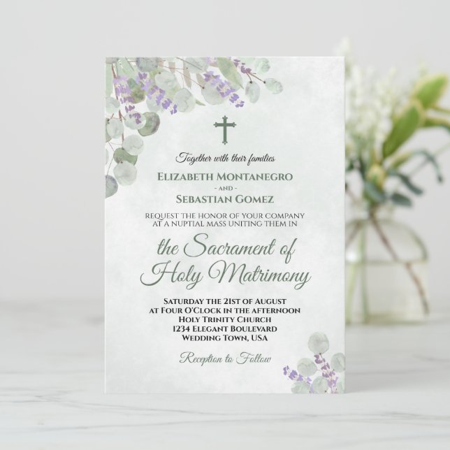 Eukalyptus & Lavender Katholic Wedding Einladung (Stehend Vorderseite)