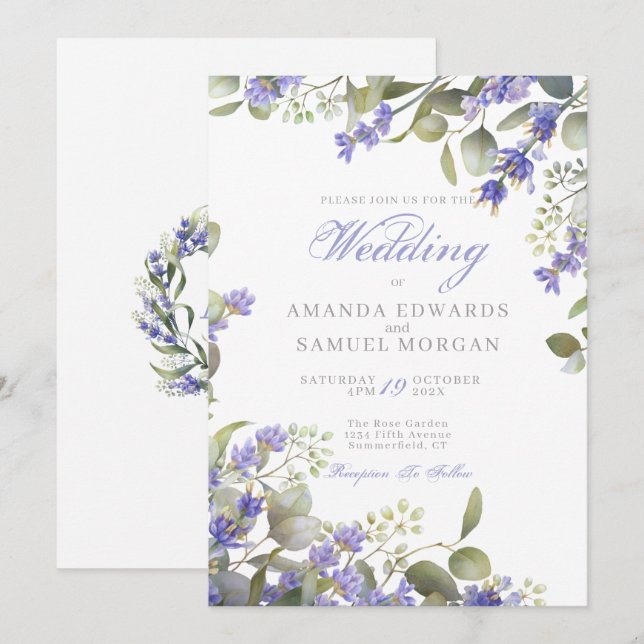 Eukalyptus & Lavender Wedding Einladung (Vorne/Hinten)