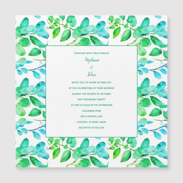 Eukalyptus Leaf Art Green Aquamarin Dusty Blue Wed Magneteinladung (Vorderseite)