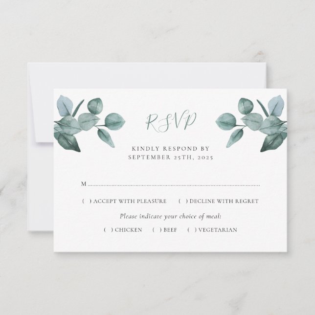 Eukalyptus Leaf Foliage Moderne Hochzeit RSVP Karte (Vorderseite)