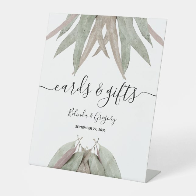 Eukalyptus-Leaf-Hochzeitskarten und Geschenke Sockelschild (Vorderseite)