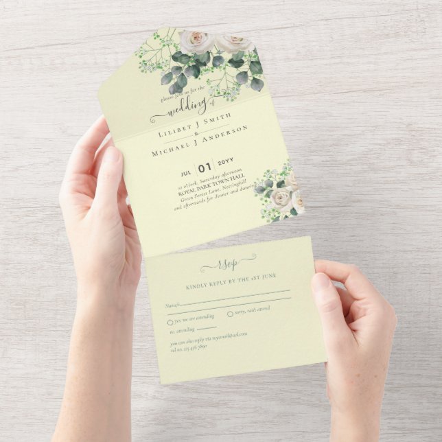 Eukalyptus Lemon Gelbe WEDD All In One Einladung (Abreißen)