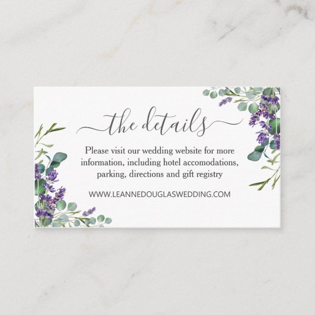 Eukalyptus Lila Lavendel Blume Hochzeitdetails Begleitkarte (Vorderseite)