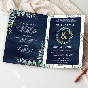 Eukalyptus Marineblau All-in-One-QR-Code-Hochzeit Einladung