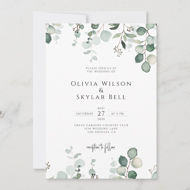 Eukalyptus minimale botanische QR in einer Weddin  Einladung (Vorderseite)