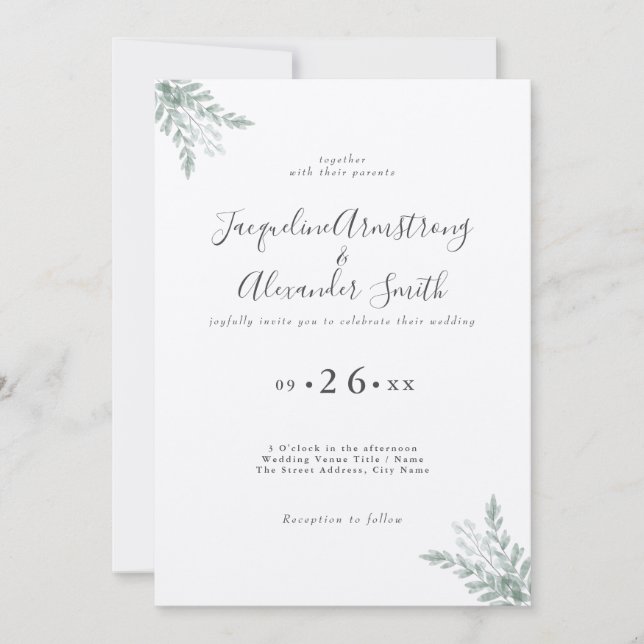 Eukalyptus Minimalistisch Hochzeit Einladung (Vorderseite)