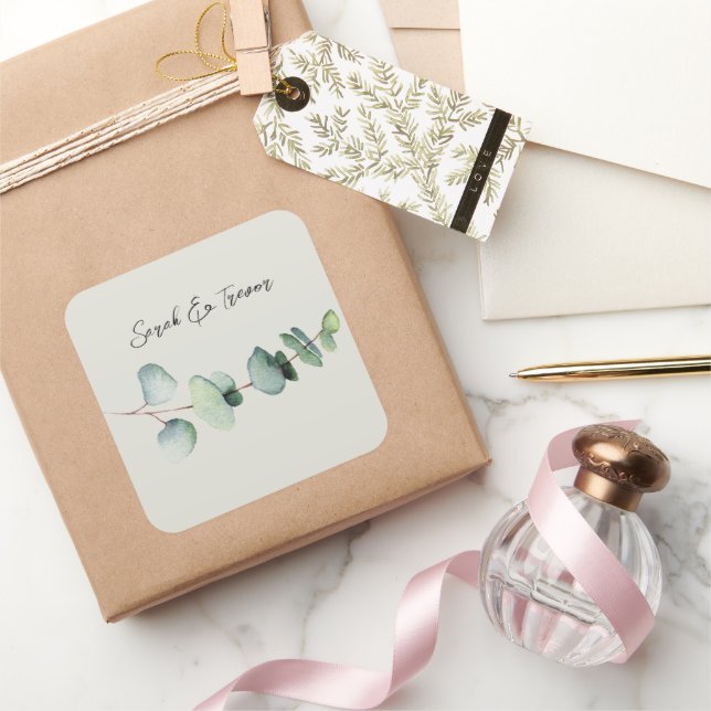 Eukalyptus Minimalistisch Wedding Cocktail Napkin Quadratischer Aufkleber (Schenken)