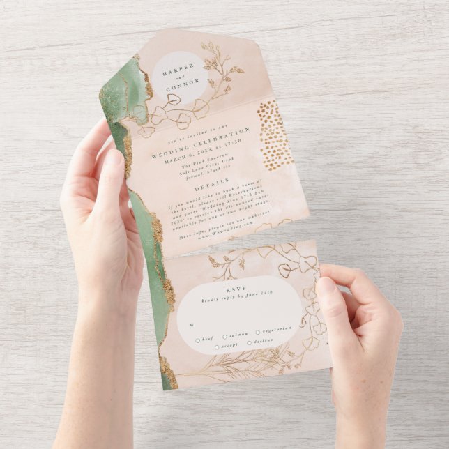 Eukalyptus | Moderne Abstrakte FUnKy Wreath Weddin All In One Einladung (Abreißtisch)